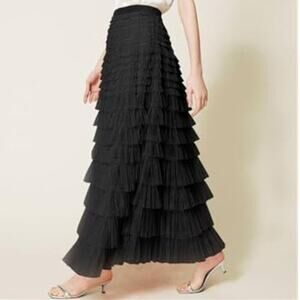 Long Tulle Skirt Black Trendy High Waisted A Line Fluffy Fairy Mesh Layered